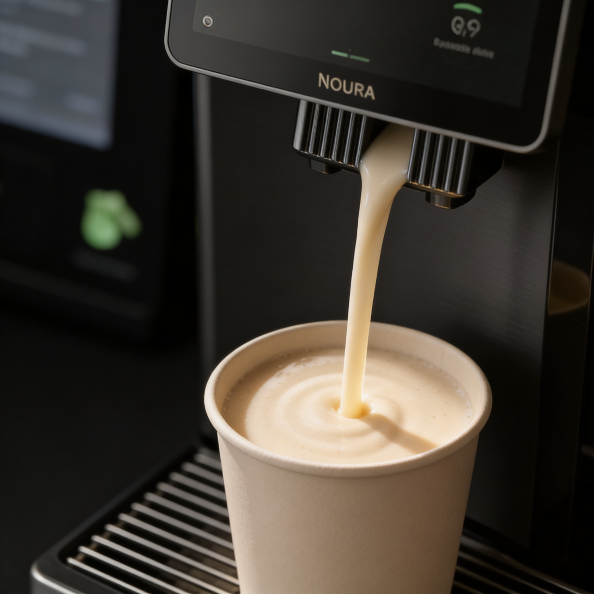 Batido de proteína dispensándose en un vaso Noura